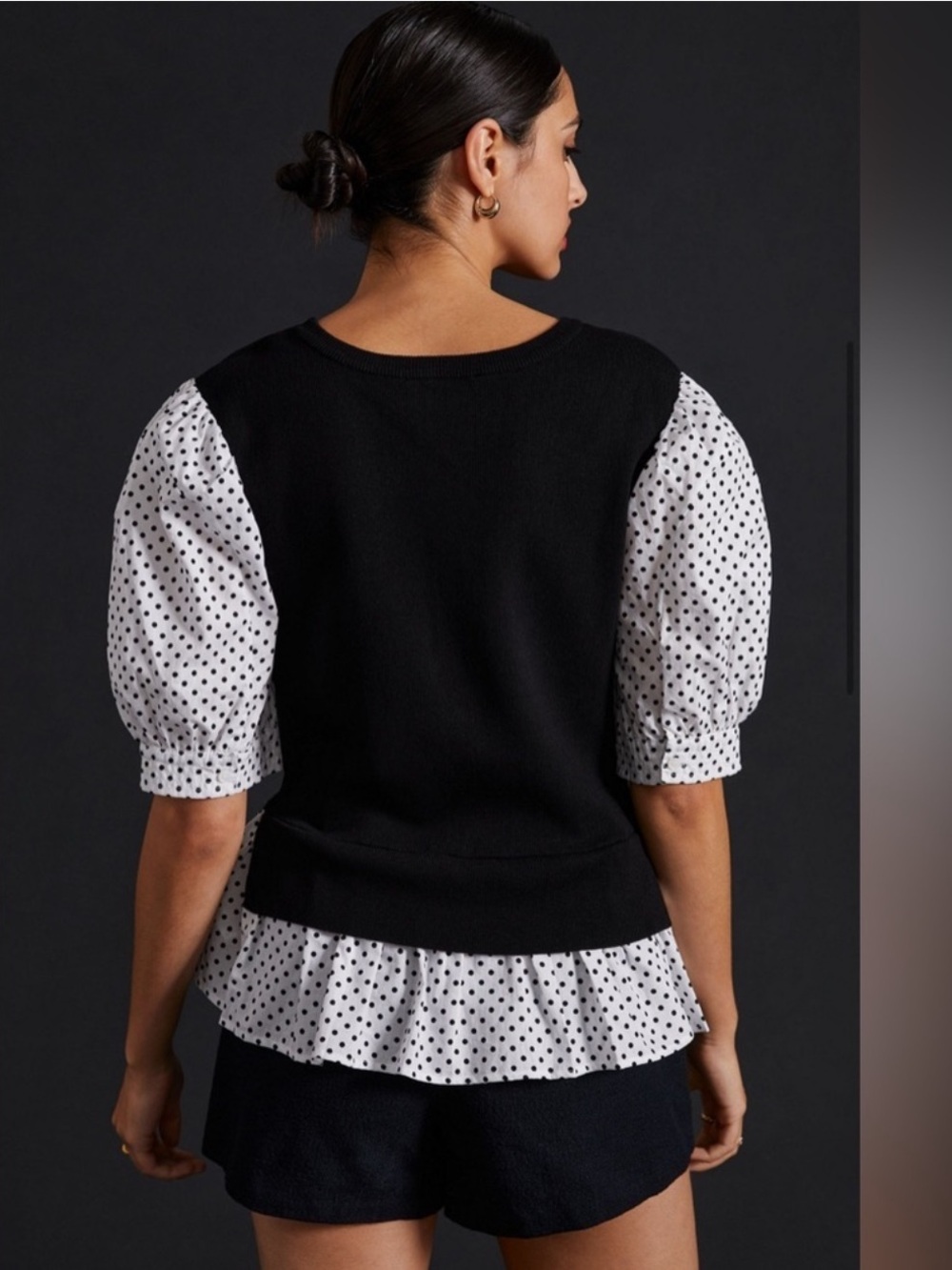 By Anthropologie Layered Poplin-Sleeve Polka Dot Mixed Media Sweater Top, M - Picture 3 of 13